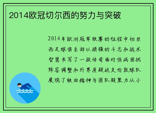 2014欧冠切尔西的努力与突破